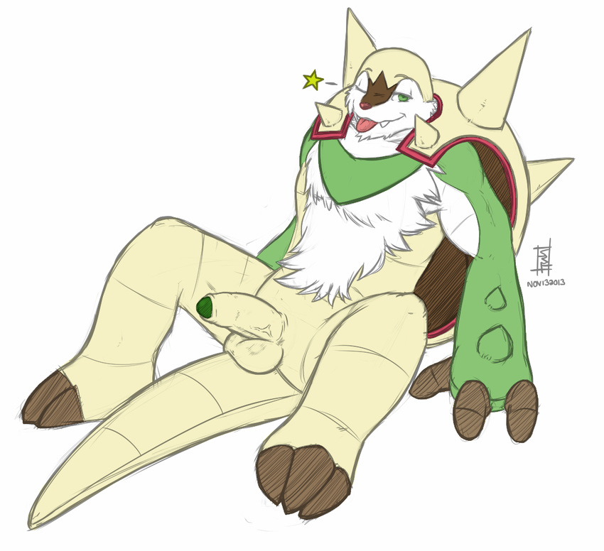 balls chesnaught erection green_eyes hairy_chest male nintendo one_eye_closed packmind penis plain_background pok&#233;mon pok&eacute;mon reclining sitting solo spikes star three_fingers three_toes tongue tongue_out uncut video_games white_background wink
