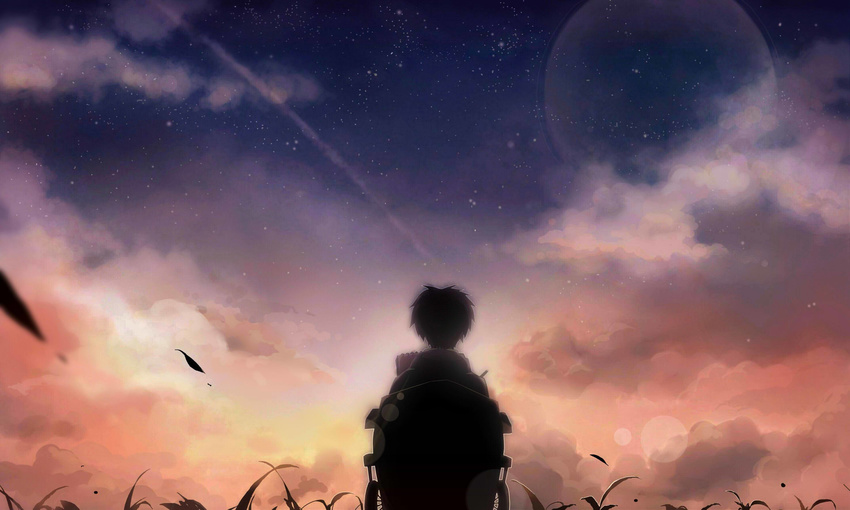 cloud cloudy_sky from_behind grass highres kagerou_project kokonose_haruka leaf lens_flare male_focus night night_sky nono_sino notebook pen sky solo summertime_record_(vocaloid) wheelchair