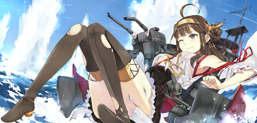 ahoge bare_shoulders boots brown_hair detached_sleeves hair_ornament hairband hao_(patinnko) highres japanese_clothes kantai_collection kongou_(kantai_collection) long_hair md5_mismatch ocean one_eye_closed solo thigh_boots thighhighs torn_clothes