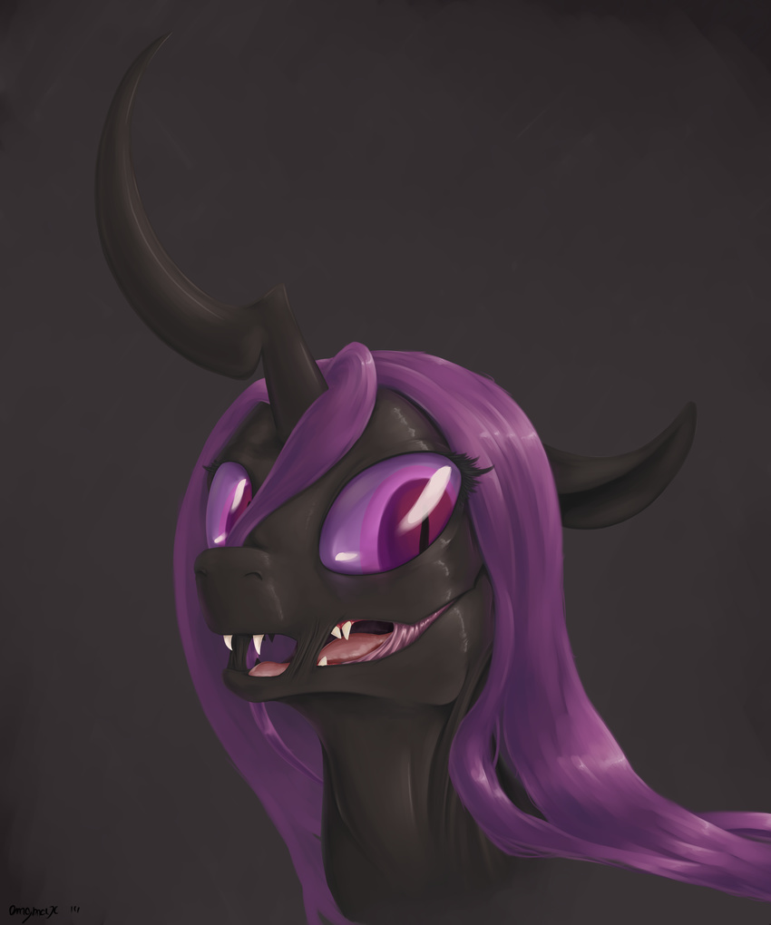 black_skin changeling fangs female feral friendship_is_magic grey_background hair hi_res horn looking_at_viewer miasma miasma_(mlp) my_little_pony omgmax open_mouth original_character plain_background purple_eyes purple_hair signature slit_pupils smile tongue