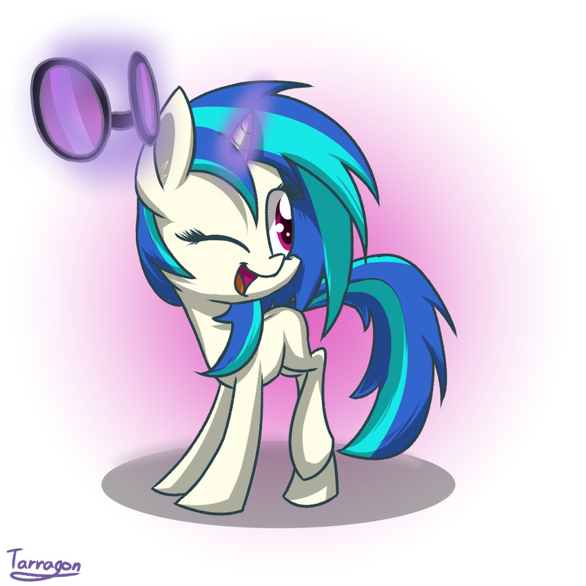 blue_hair equine eyewear female feral friendship_is_magic fur glowing hair horn horse long_hair looking_back magic mammal my_little_pony one_eye_closed open_mouth plain_background pony purple_eyes smile solo tarragon2000 transparent_background two_tone_hair unicorn vinyl_scratch_(mlp) white_fur wink
