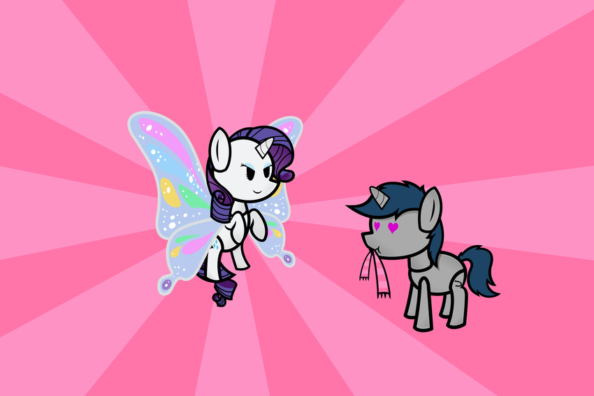 &lt;3 &lt;3_eyes absurd_res arthropod black_eyes blue_hair butterfly chibi cute cutie_mark duo equine female feral fineprint-mlp flying friendship_is_magic fringe fur grey_skin hair hi_res horn horse insect long_hair love mammal mouth_hold my_little_pony nintendo no_pupils paper_mario pattern_background pink_background plain_background pony purple_hair rarity_(mlp) rearing ringlets scarf simple_background smile stripes unicorn unknown_character video_games white_skin wings