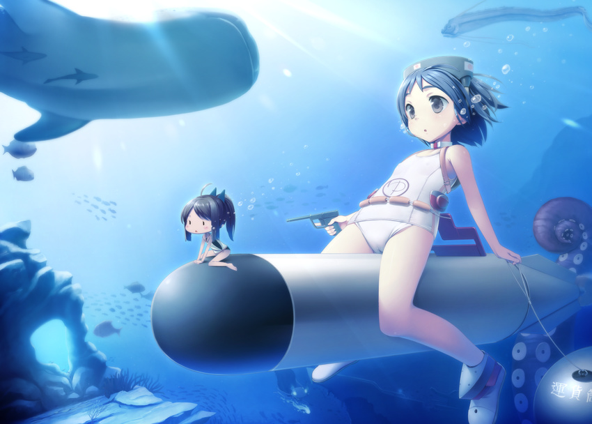 black_hair blush brown_eyes brown_hair bubble coral diving_mask diving_mask_on_head fish fujishiro_touma gun handgun i-401_(kantai_collection) kantai_collection long_hair maru-yu_(kantai_collection) minigirl multiple_girls oarfish ocean octopus one-piece_swimsuit open_mouth pistol ponytail sailor_collar school_swimsuit shinkaisei-kan short_hair short_ponytail smile sunlight swimsuit torpedo underwater weapon whale_shark white_school_swimsuit white_swimsuit wo-class_aircraft_carrier