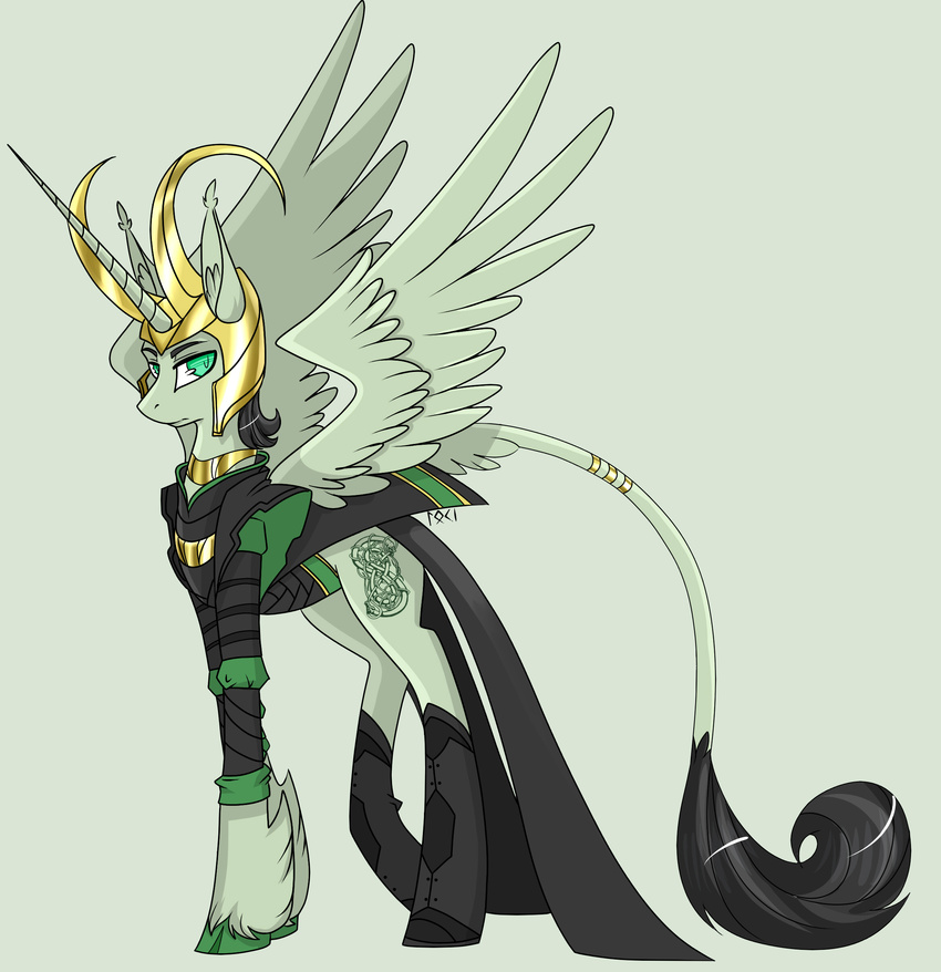 clothing crossover equine feral fur green_eyes green_fur hair helmet horn horse loki male mammal my_little_pony pony toxicunicorns winged_unicorn wings