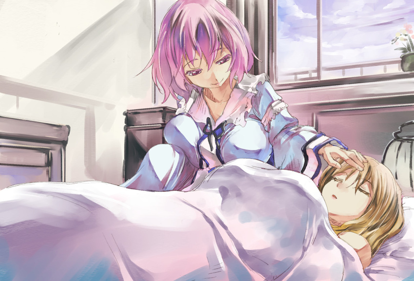 blanket blonde_hair breasts hand_on_forehead large_breasts long_hair multiple_girls no_hat no_headwear pink_eyes pink_hair saigyouji_yuyuko short_hair sleeping smile touhou yakumo_yukari yohane yuri