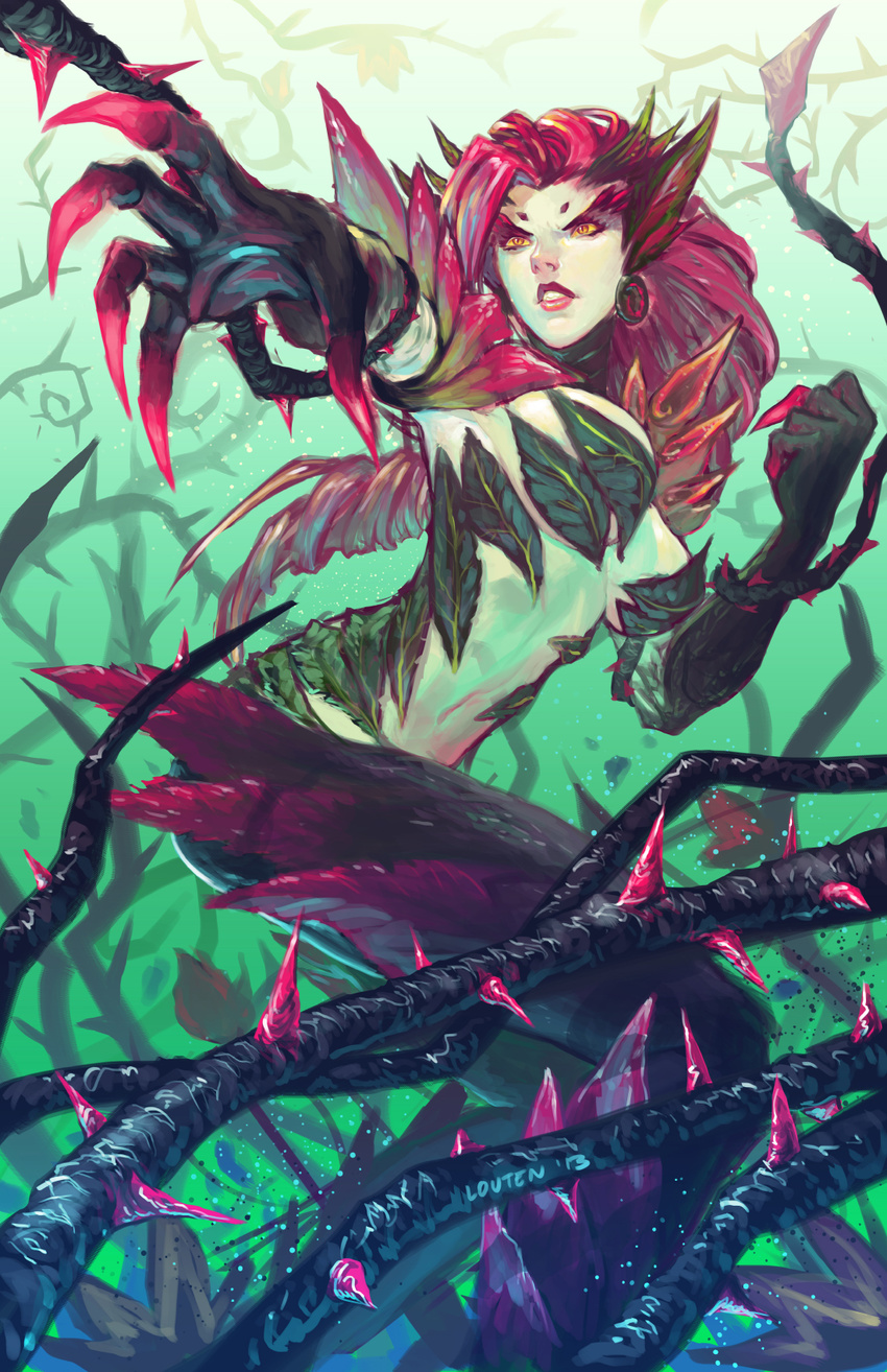 breasts highres large_breasts league_of_legends long_hair louten monster_girl non-web_source plant red_hair thorns vines yellow_eyes zyra