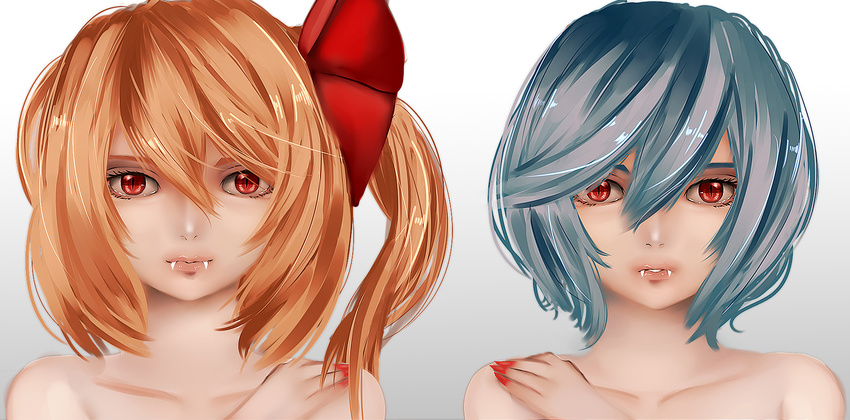 aru16 bare_shoulders blonde_hair blue_hair collarbone eyelashes fang_out fangs fingernails flandre_scarlet gradient gradient_background hair_ribbon hand_on_own_shoulder highres lips looking_at_viewer multiple_girls nail_polish parted_lips realistic red_eyes remilia_scarlet ribbon sharp_fingernails short_hair siblings side_ponytail simple_background sisters slit_pupils touhou upper_body vampire