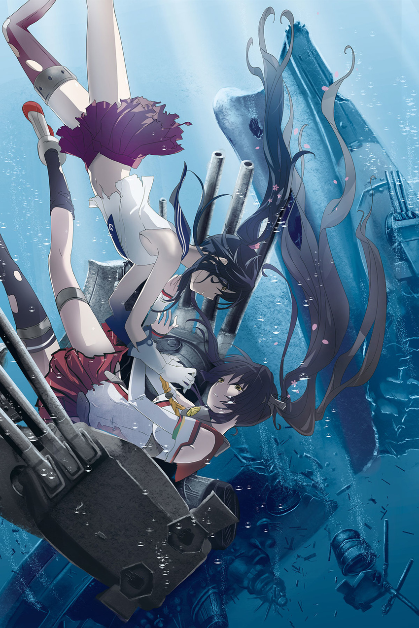 air_bubble battleship black_hair brown_hair bubble cherry_blossoms damaged headgear highres historical_event immersed kantai_collection long_hair machinery midriff military military_vehicle multiple_girls navel object_namesake operation_ten-gou ponytail ship sinking submerged thighhighs torn_clothes turret underwater warship watercraft yahagi_(kantai_collection) yamato_(battleship) yamato_(kantai_collection) yellow_eyes yonasawa