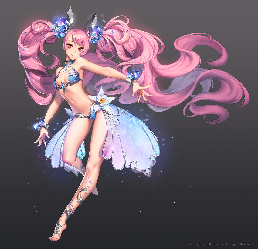 armor bare_shoulders barefoot bikini bikini_armor blue_bikini bracelet breasts chaos_online cleavage fingernails full_body gradient gradient_background hair_ornament jewelry long_fingernails long_hair love_cacao medium_breasts navel pink_hair red_eyes rozamia smile solo swimsuit twintails very_long_hair watermark