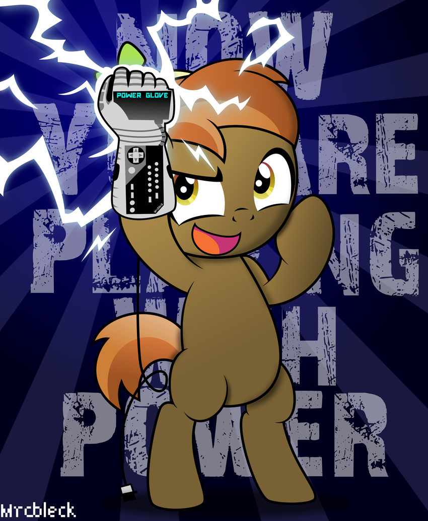brown_fur brown_hair button_mash_(mlp) controller cub english_text equine feral friendship_is_magic fur game_controller glove hair hat hi_res horse lighting lightning male mammal mrcbleck my_little_pony open_mouth pony power_glove propeller_hat smile solo standing text video_games young