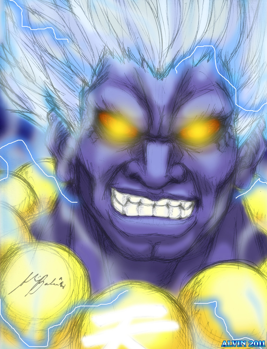 absurdres alvin_balce beads electricity face glowing glowing_eyes grin highres kuruoshiki_oni male_focus prayer_beads purple_skin red_sclera smile solo spiked_hair street_fighter street_fighter_iv_(series) white_hair yellow_eyes