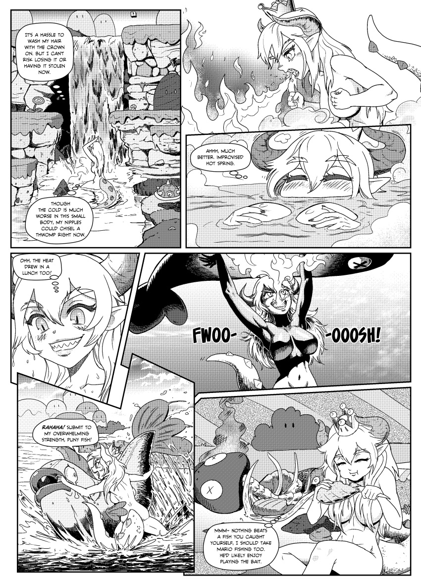 alternate_species animal_humanoid bathing big_breasts blush bowser bowsette_meme breasts butt cold collar comic crossgender dialogue duo eating female fire fire_breathing fish fishing food hair hi_res hot_spring humanoid koopa marine mario_bros nintendo non-mammal_breasts nude partially_submerged pencils_(artist) ribs scalie solo_focus spiked_collar spikes super_crown thought_bubble video_games water wet wet_hair wrestling x_eyes