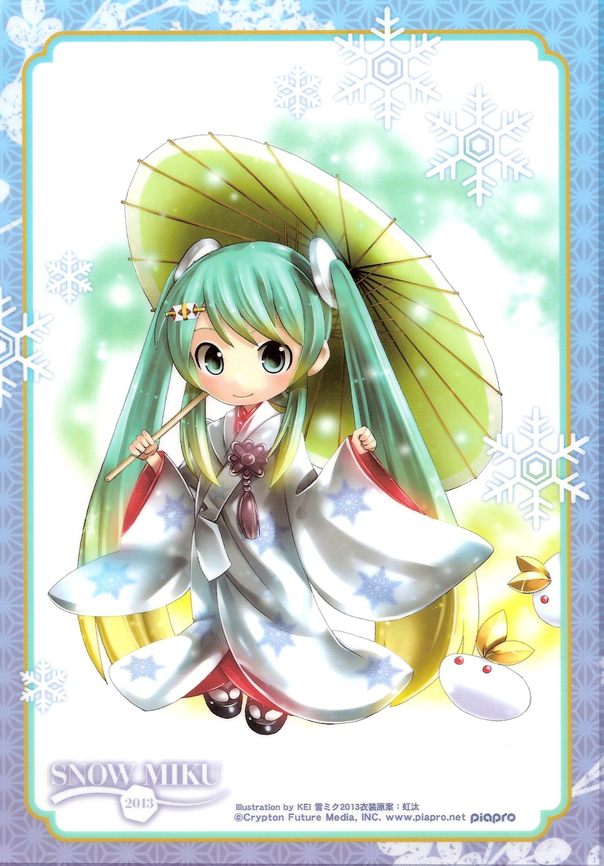 hatsune_miku highres japanese_clothes kei_(keigarou) kimono long_hair official_art oriental_umbrella snow_bunny snowflakes solo twintails uchikake umbrella vocaloid yuki_miku
