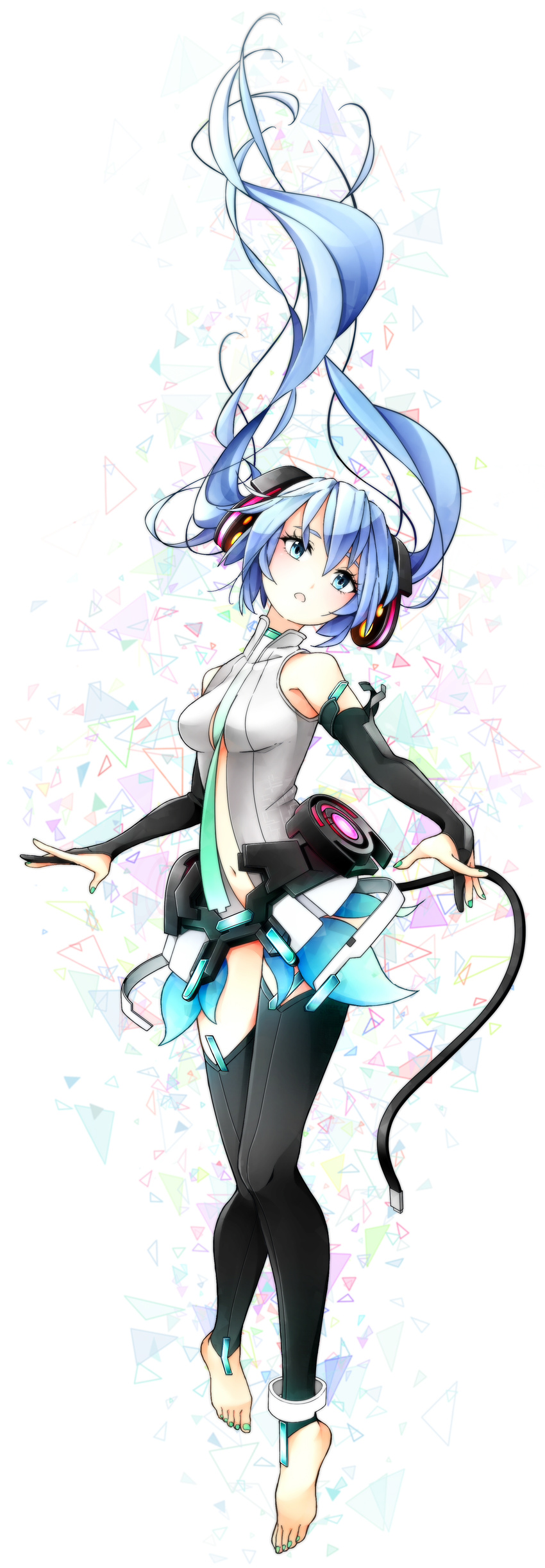 absurdres anklet aqua_hair bad_id bad_pixiv_id bare_shoulders barefoot blue_eyes bridal_gauntlets full_body hatsune_miku hatsune_miku_(append) highres jewelry long_hair long_image miy revision simple_background solo tall_image toeless_legwear toenail_polish twintails very_long_hair vocaloid vocaloid_append white_background