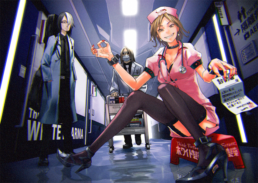 2boys bad_id bad_pixiv_id bill_(object) black_hair breasts brown_eyes brown_hair cross doctor earrings garter_straps glasses grey_hair grin hat high_heels jewelry labcoat long_hair medium_breasts money_gesture multicolored_hair multiple_boys nurse nurse_cap original redjuice revision short_hair sitting smile stethoscope sunglasses supercell surgical_mask thighhighs two-tone_hair walking