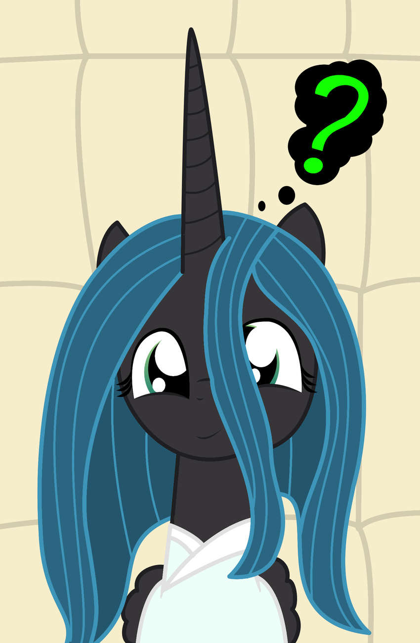 ? black_fur changeling clothing confused dazed-and-wandering equine female feral friendship_is_magic fur green_eyes green_hair hair horn horse inside long_hair looking_at_viewer mammal my_little_pony pony queen_chrysalis_(mlp) robe smile solo text winged_unicorn wings