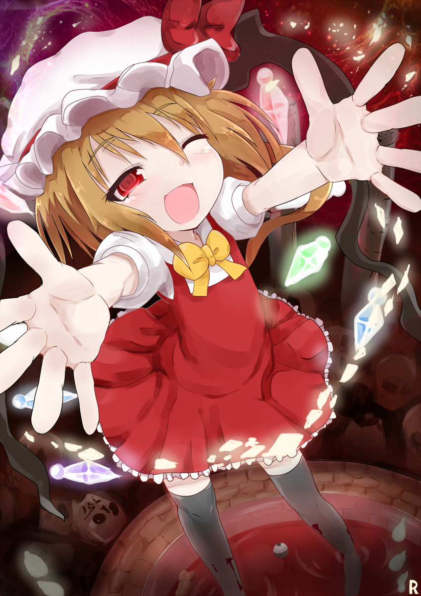 ;d black_legwear blonde_hair blood blush bow bowtie flandre_scarlet happy hat highres incoming_hug one_eye_closed open_mouth outstretched_arms outstretched_hand rai_(sakuranbo_sugar) red_eyes side_ponytail smile solo thighhighs touhou wings