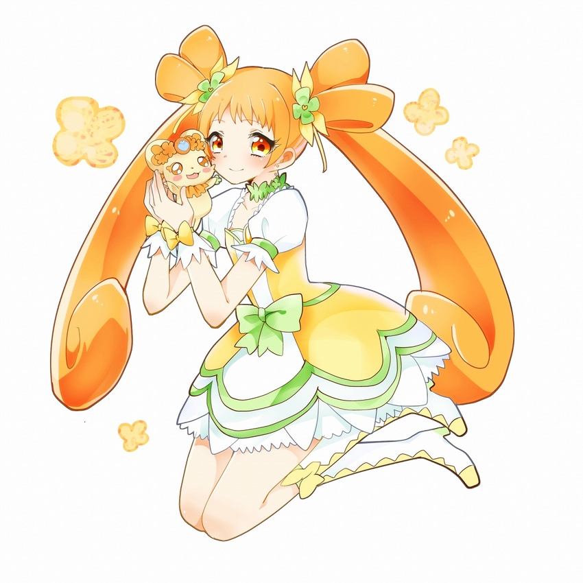 boots bow brown_eyes brown_hair choker clover clover_hair_ornament creature cure_rosetta curly_hair dokidoki!_precure double_bun dress flower four-leaf_clover four-leaf_clover_hair_ornament full_body green_choker hair_flower hair_ornament hair_ribbon highres knee_boots long_hair magical_girl nogi_toa_(sorajio) precure puffy_sleeves rance_(dokidoki!_precure) ribbon smile twintails wrist_cuffs yotsuba_alice