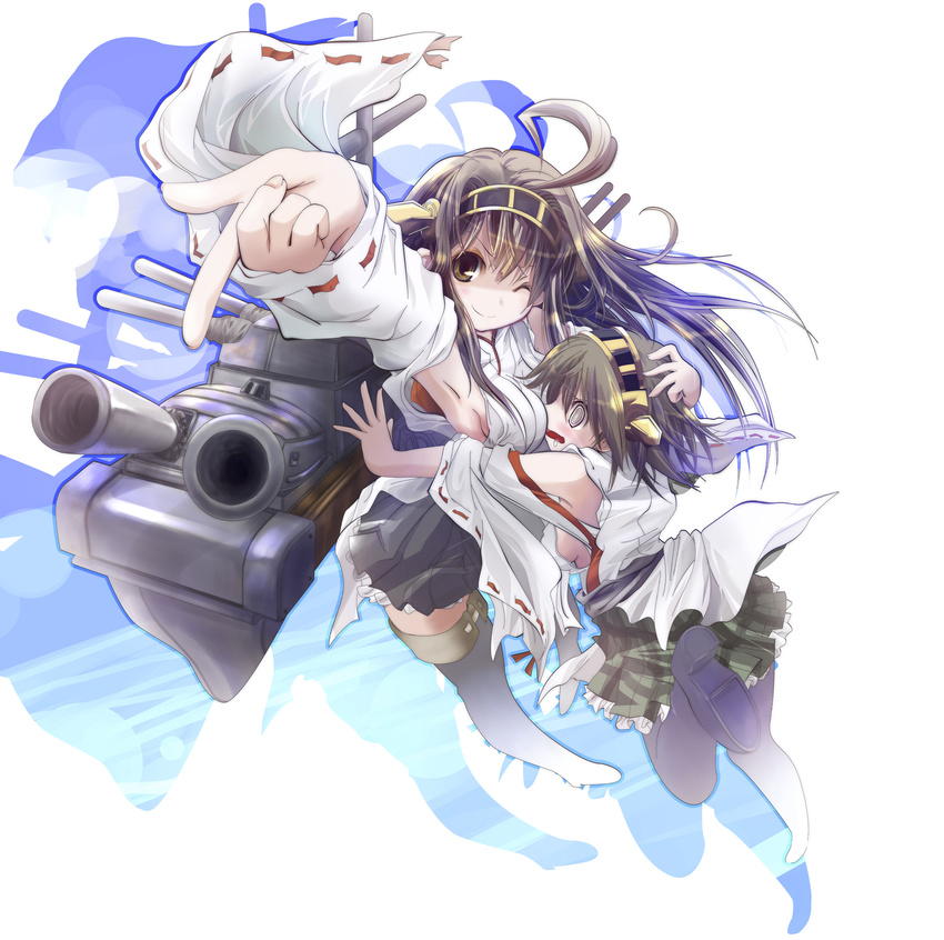 &gt;:) ;) @_@ ahoge bare_shoulders boots brown_hair chicken99 detached_sleeves double_bun hair_ornament hairband headgear hiei_(kantai_collection) highres japanese_clothes kantai_collection kongou_(kantai_collection) long_hair multiple_girls one_eye_closed open_mouth short_hair skirt smile thigh_boots thighhighs v-shaped_eyebrows