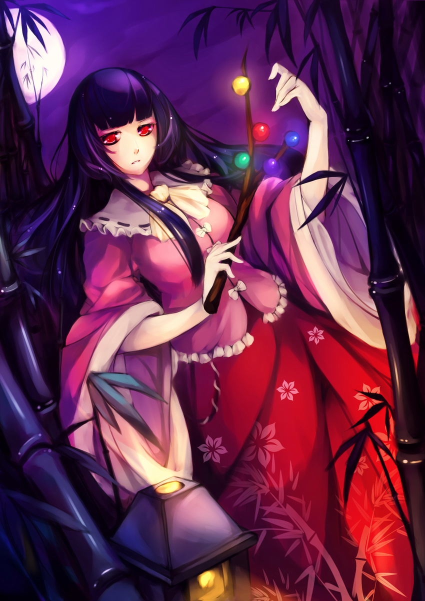 bamboo bamboo_forest black_hair branch breasts dress forest full_moon highres hime_cut houraisan_kaguya jeweled_branch_of_hourai kalalasan long_hair medium_breasts moon nature night red_eyes solo touhou
