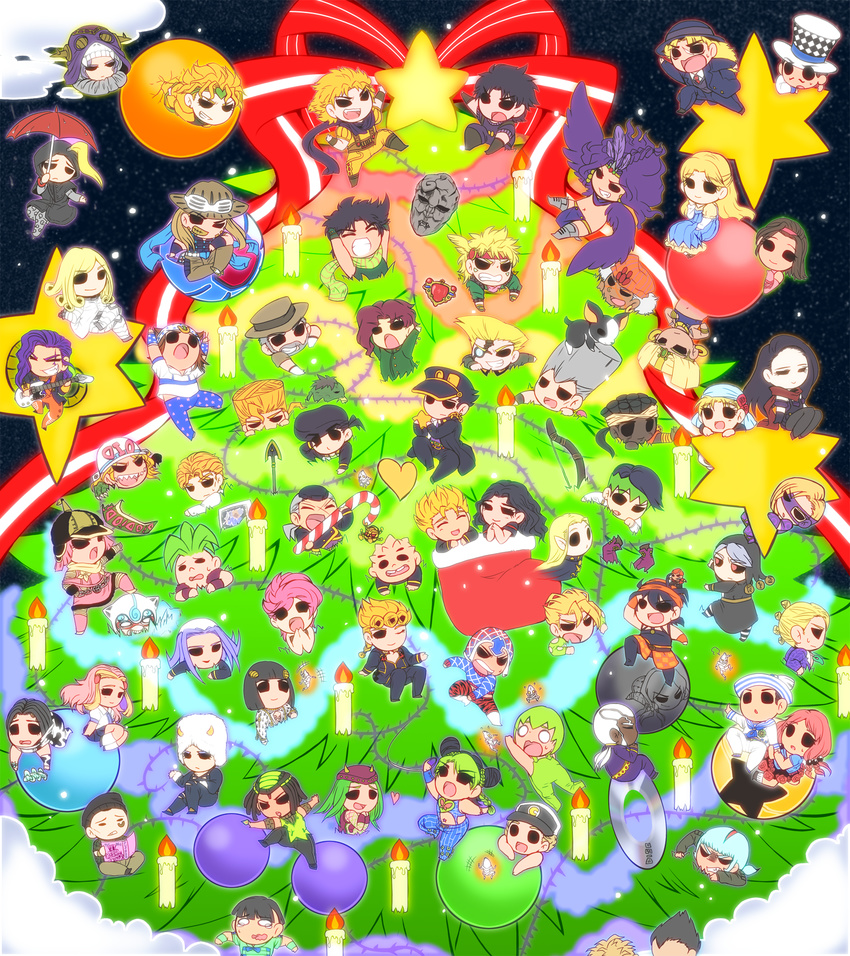 6+girls battle_tendency blackmore bow bruno_buccellati caesar_anthonio_zeppeli candle chibi christmas_tree cream_(stand) diamond_wa_kudakenai diego_brando dio_brando donatello_versace emporio_alnino enrico_pucci erina_pendleton ermes_costello everyone foo_fighters formaggio funny_valentine gelato ghiaccio giorno_giovanna guido_mista gyro_zeppeli hermit_purple higashikata_joushuu higashikata_jousuke higashikata_jousuke_(jojolion) highres hirose_kouichi hirose_yasuho hot_pants_(sbr) iggy_(jojo) illuso jean_pierre_polnareff johnny_joestar jojo_no_kimyou_na_bouken jojolion jonathan_joestar joseph_joestar joseph_joestar_(young) kakyouin_noriaki kappasuka kars_(jojo) kira_yoshikage kishibe_rohan kuujou_jolyne kuujou_joutarou lisa_lisa melone mohammed_avdol multiple_boys multiple_girls narancia_ghirga narciso_anasui nijimura's_father nijimura_keichou nijimura_okuyasu otoishi_akira pannacotta_fugo pearla_pucci pesci phantom_blood prosciutto red_stone_of_aja rikiel risotto_nero robert_eo_speedwagon rudolph_von_stroheim scary_monsters_(stand) sex_pistols_(stand) sorbet stand_(jojo) star stardust_crusaders steel_ball_run stone_mask_(jojo) stone_ocean sugimoto_reimi suzi_q trish_una ungaro vanilla_ice vento_aureo wamuu weather_report white_album_(stand) yamagishi_yukako yanguu_shigekiyo