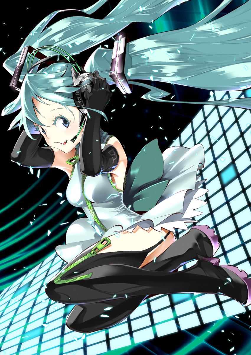 aqua_hair blue_eyes boots elbow_gloves floating_hair gloves hatsune_miku headset highres long_hair open_mouth pikushibuaidhy solo thigh_boots thighhighs twintails vocaloid