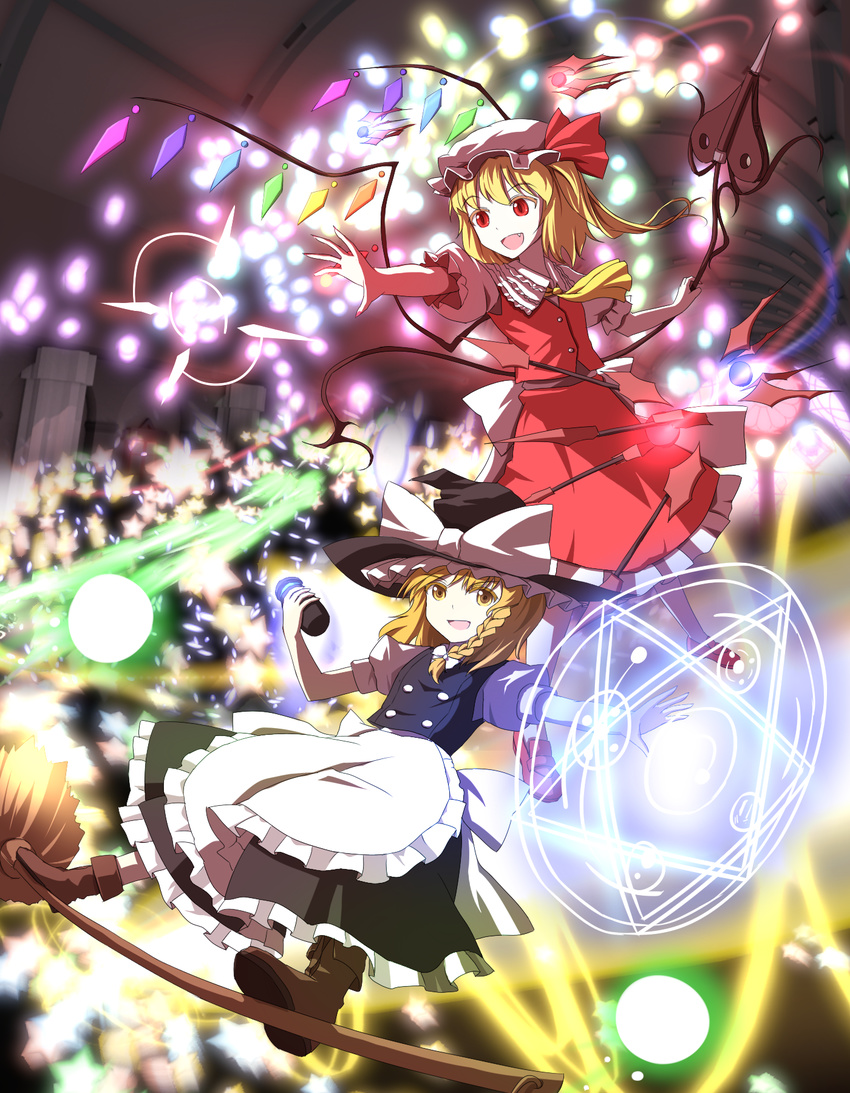 apron ascot bad_id bad_pixiv_id black_dress blonde_hair bow braid broom broom_surfing danmaku dress fang flandre_scarlet hat hat_bow highres kirisame_marisa laevatein magic_circle minust mob_cap multiple_girls open_mouth puffy_sleeves red_dress red_eyes sash shirt short_sleeves side_ponytail single_braid smile the_embodiment_of_scarlet_devil touhou waist_apron wings witch_hat yellow_eyes