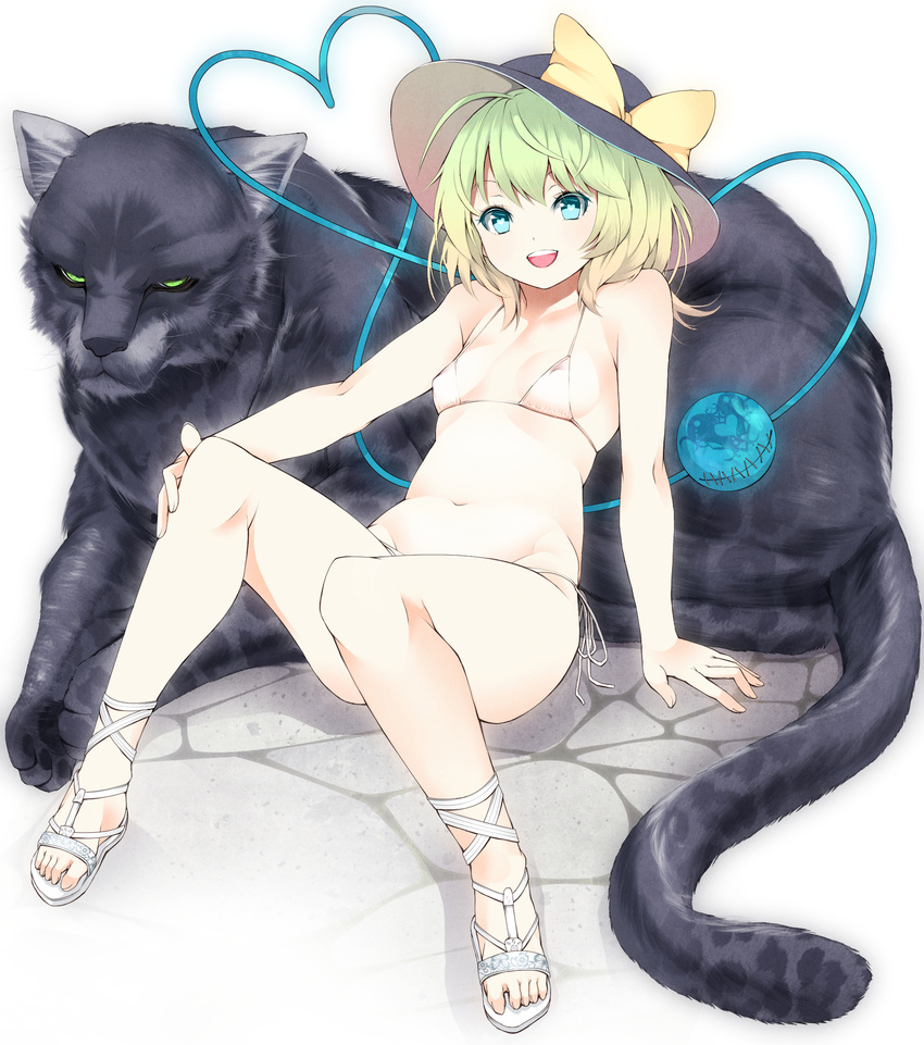 ahoge alternate_costume aqua_eyes bare_shoulders bikini breasts covered_nipples eyeball green_hair hat heart heart-shaped_pupils heart_of_string highres komeiji_koishi legs looking_at_viewer lynx_(animal) mikoma_sanagi navel open_mouth sandals short_hair side-tie_bikini sitting sitting_on_animal small_breasts smile solo swimsuit symbol-shaped_pupils third_eye touhou white_bikini