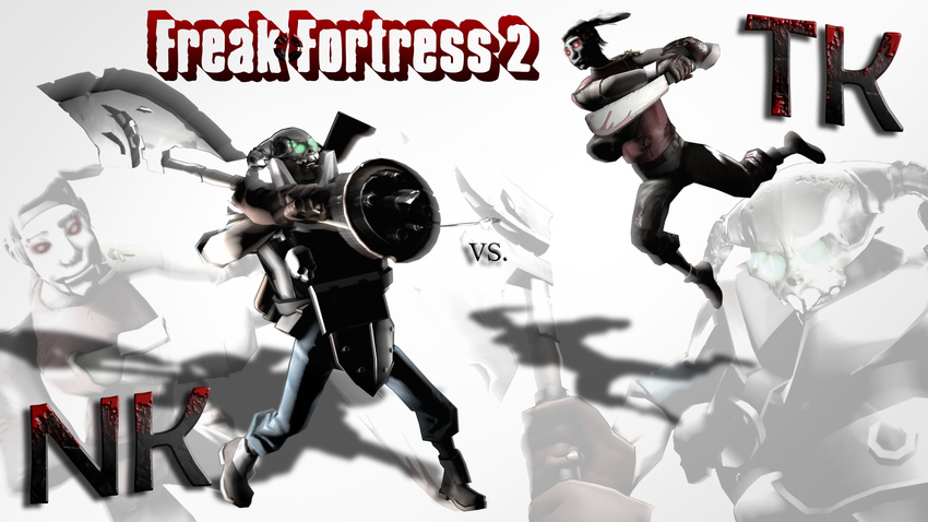 3d ankh armor arrow arrowed axe bandage blood boots bosses cgi charge clothing demoknight demoman_(tf2) demon demonic dragon-v0942 fight glowing glowing_eyes green_eyes grenade_launcher gun horn human iron lemurfotart machete male mammal mask medallion melee not_furry plain_background ranged_weapon red_eyes scout_(tf2) shield skull source_filmmaker spikes standing team_fortress_2 text undead valve video_games vs. weapon white_background zombie
