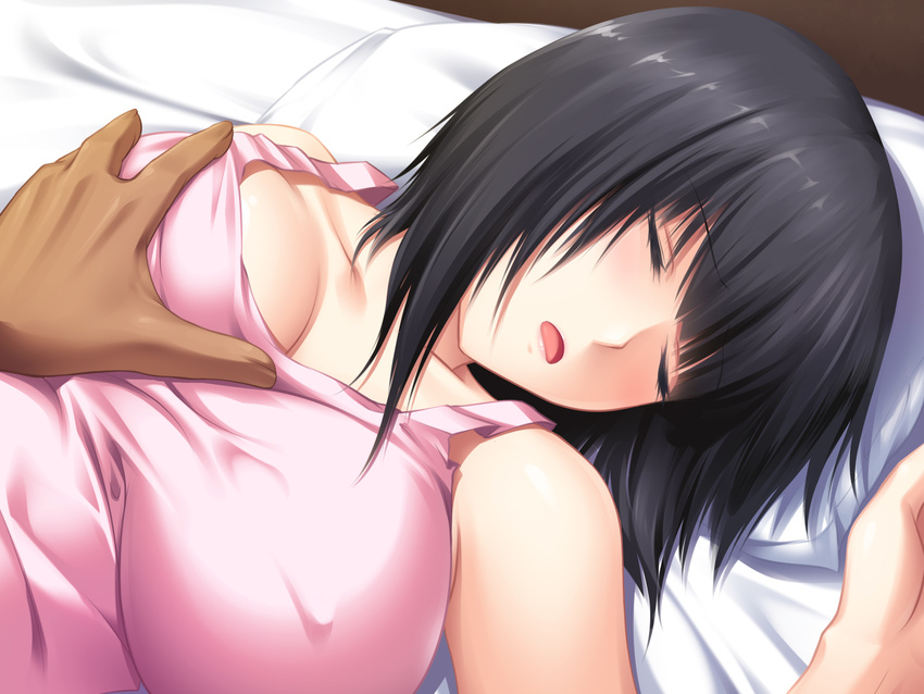 1girl bare_shoulders bed black_hair blush breast_grab breasts covered_nipples erect_nipples eyes_closed grabbing highres huge_breasts lying open_mouth pillow pink_poison short_hair sleeping