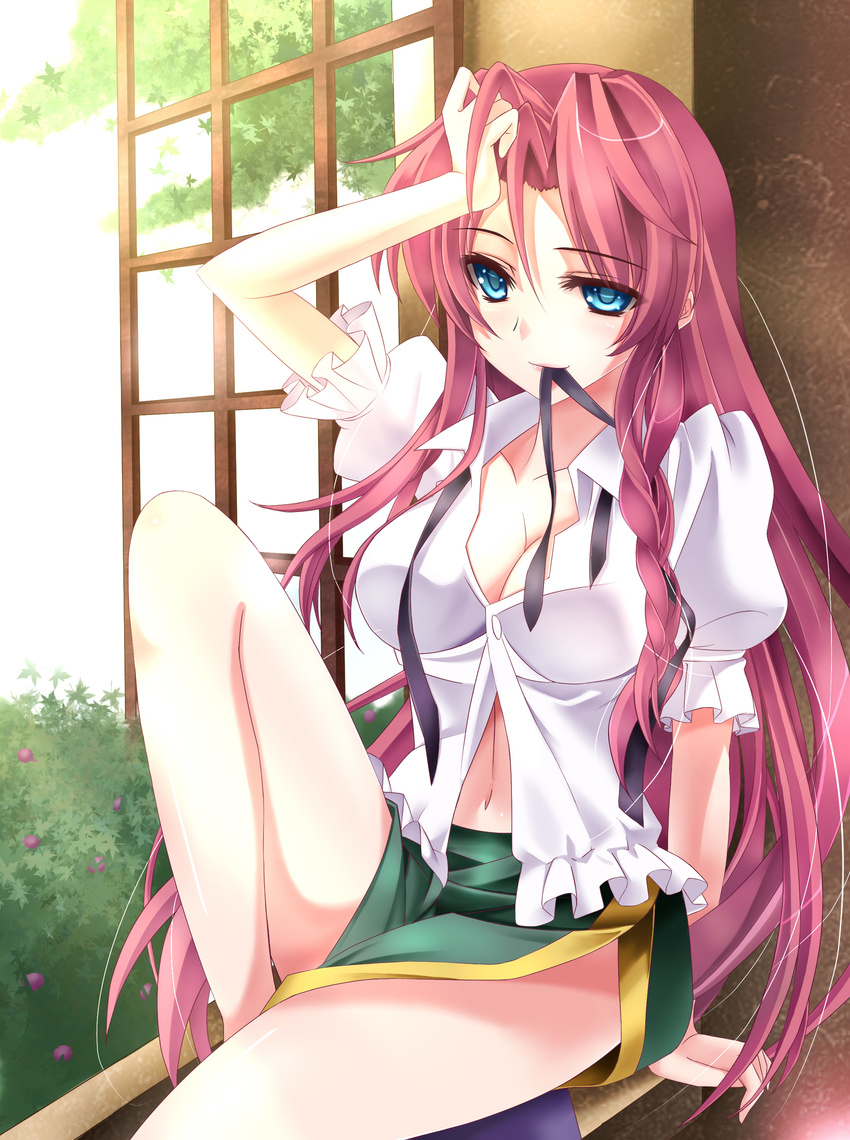 absurdres arm_support blush breasts cleavage highres hong_meiling medium_breasts mouth_hold navel open_clothes open_shirt pink_hair ribbon shiny shiny_skin shirt sitting touhou window youxuemingdie