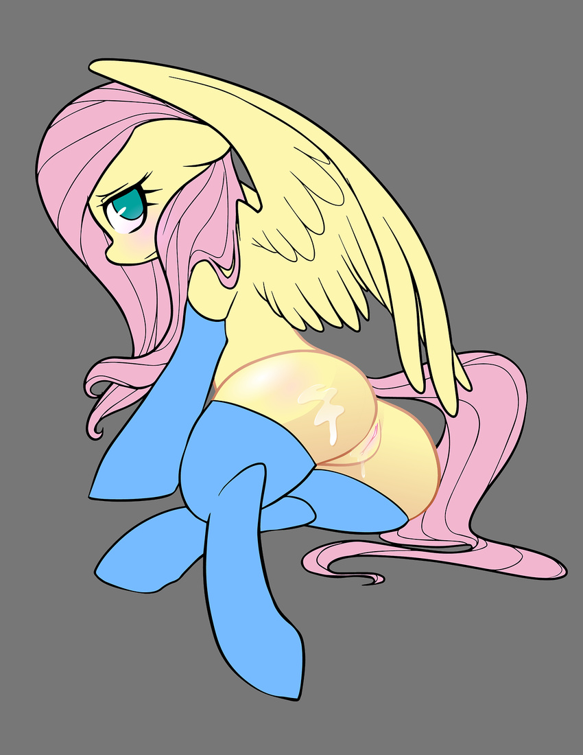 butt equine female feral fluttershy_(mlp) friendship_is_magic fur grey_background hair horse long_hair mammal my_little_pony pegasus pink_hair plain_background pony pussy saltedtea solo wings yellow_fur