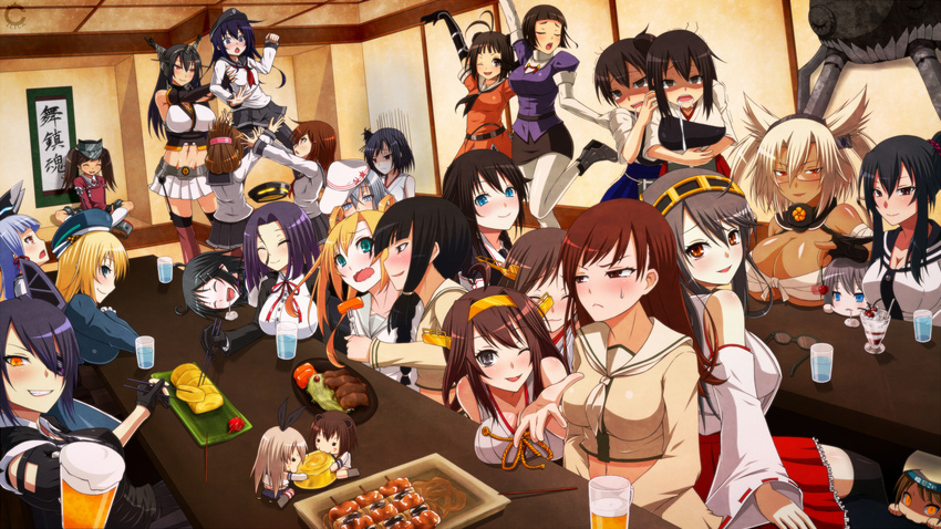 :&lt; :3 abukuma_(kantai_collection) ahoge akagi_(kantai_collection) akatsuki_(kantai_collection) alcohol animal_ears antenna_hair aqua_eyes armor atago_(kantai_collection) beer black_eyes black_hair blonde_hair blue_eyes blue_hair blush_stickers braid breasts brown_eyes brown_hair cherry chibi chopsticks cilica cleavage closed_eyes cup depressed detached_sleeves drooling elbow_gloves empty_eyes error_musume fingerless_gloves food fork fruit glasses gloves hair_ornament hairband hairclip half_updo haruna_(kantai_collection) hat headgear hibiki_(kantai_collection) hiei_(kantai_collection) highres holding_stomach ice_cream ikazuchi_(kantai_collection) inazuma_(kantai_collection) japanese_clothes kaga_(kantai_collection) kako_(kantai_collection) kantai_collection kitakami_(kantai_collection) kongou_(kantai_collection) large_breasts looking_at_viewer mechanical_halo midriff monster mouse_ears multiple_girls muneate murakumo_(kantai_collection) musashi_(kantai_collection) myoukou_(kantai_collection) nagato_(kantai_collection) naka_(kantai_collection) navel nontraditional_miko omelet one_eye_closed ooi_(kantai_collection) orange_eyes pantyhose ponytail purple_eyes purple_hair red_eyes ribbon ryuujou_(kantai_collection) sarashi shigure_(kantai_collection) shimakaze_(kantai_collection) shinkaisei-kan side_ponytail silver_hair sitting smile striped striped_legwear sweatdrop tamagoyaki tatsuta_(kantai_collection) tears tenryuu_(kantai_collection) thighhighs translation_request trembling twintails verniy_(kantai_collection) visor_cap wavy_mouth wide_sleeves wo-class_aircraft_carrier yahagi_(kantai_collection) yamashiro_(kantai_collection) yellow_eyes yukikaze_(kantai_collection) yuri