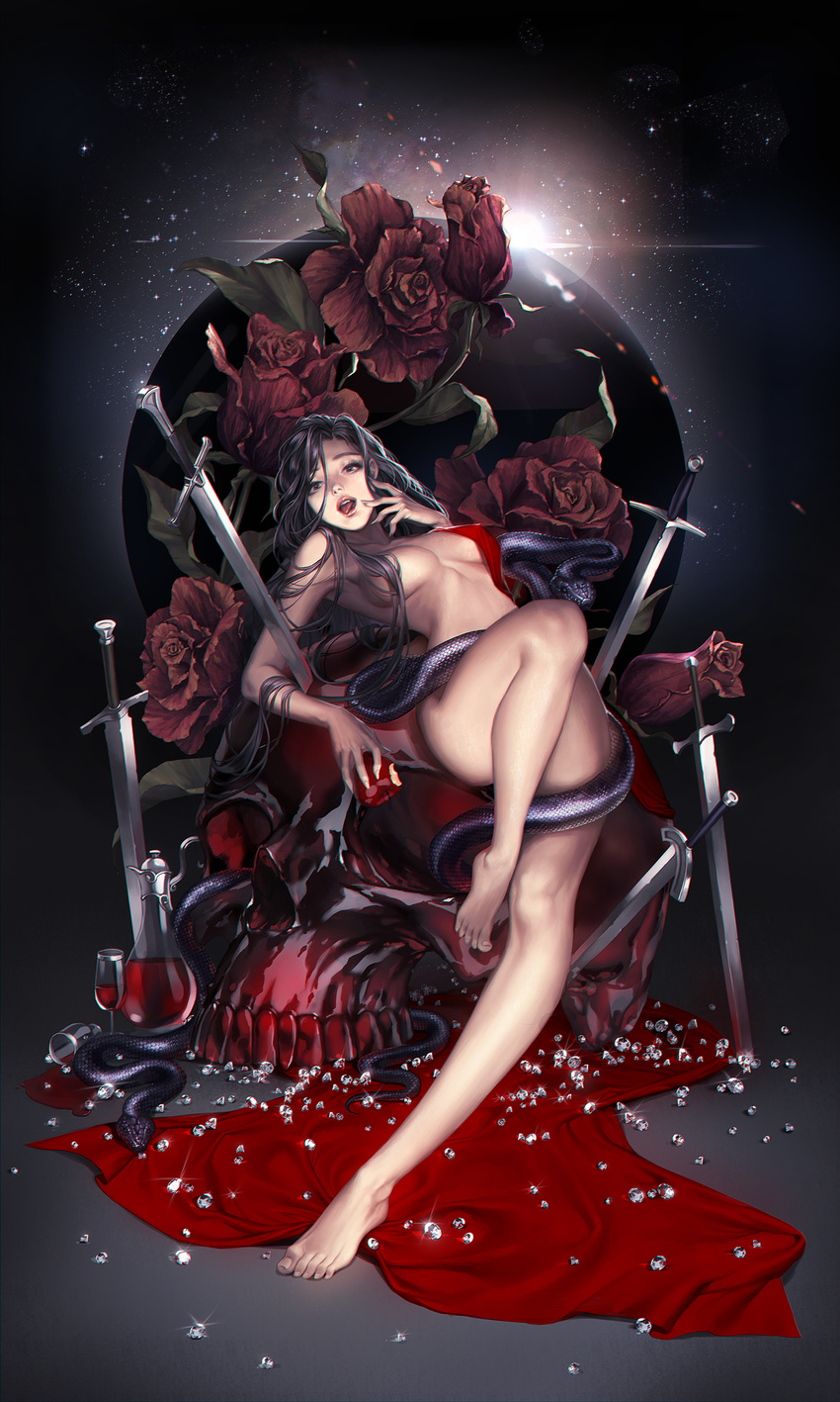 apple barefoot black_eyes black_hair breasts censored cloth convenient_censoring cup flower food fruit full_body hair_censor highres jewelry jug lens_flare long_hair love_cacao medium_breasts open_mouth original planted_sword planted_weapon red_flower red_rose rose skull snake solo sword tongue tongue_out wavy_hair weapon