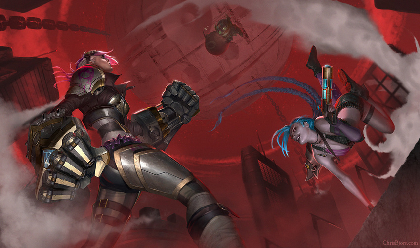 bare_shoulders belt bikini_top blue_hair bomb braid breasts bullet chrisbjors death_star fingerless_gloves gauntlets gloves goggles jewelry jinx_(league_of_legends) league_of_legends long_hair md5_mismatch medium_breasts multiple_girls necklace pink_hair resized short_hair shoulder_pads smile star_wars thighhighs twin_braids upscaled very_long_hair vi_(league_of_legends) weapon yordle ziggs