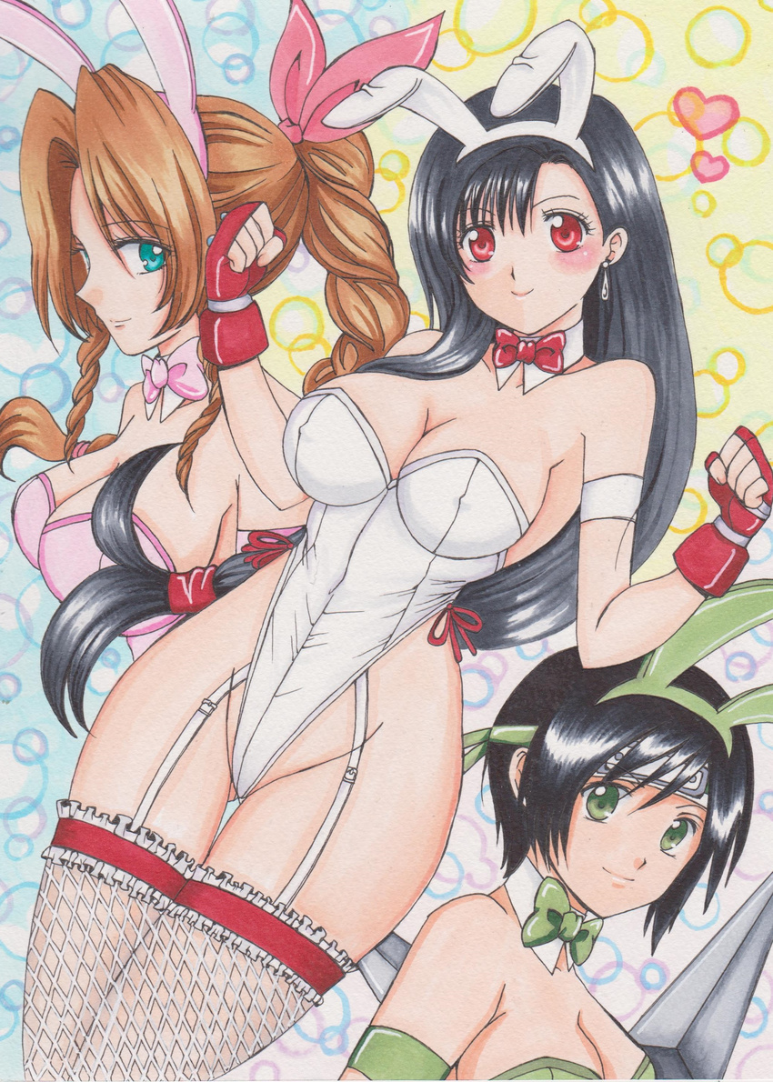 3girls absurdres aerith_gainsborough animal_ears black_hair breasts bunny_ears bunny_girl bunnysuit collar detached_collar final_fantasy final_fantasy_vii garters highres long_hair multiple_girls rascal_(n119) short_hair thighhighs tifa_lockhart yuffie_kisaragi