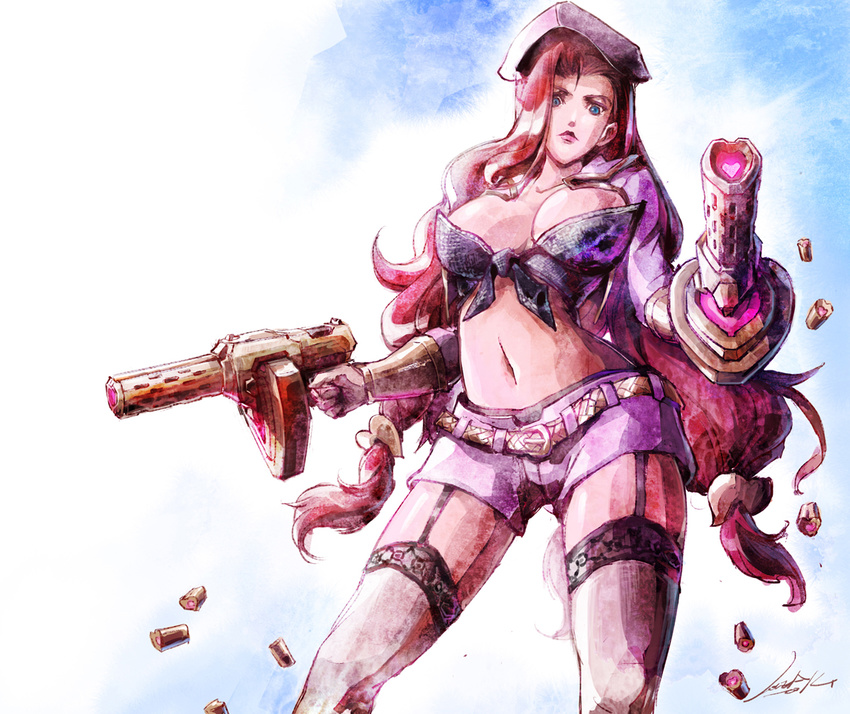 alternate_costume belt blue_eyes breasts casing_ejection dual_wielding front-tie_top garter_belt gun heart holding large_breasts league_of_legends loiza long_hair looking_at_viewer midriff navel red_hair sarah_fortune shell_casing shorts solo submachine_gun thighhighs weapon