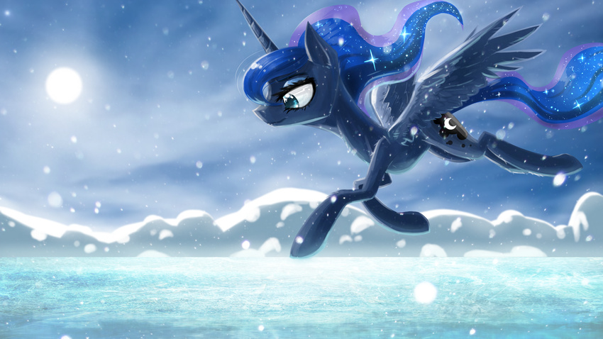 blue_eyes blue_fur blue_hair cool_colors cutie_mark equine female feral flying friendship_is_magic fur hair horn horse ice keshapanther long_hair mammal my_little_pony outside pony princess_luna_(mlp) sky smile snow snowing solo widescreen winged_unicorn wings