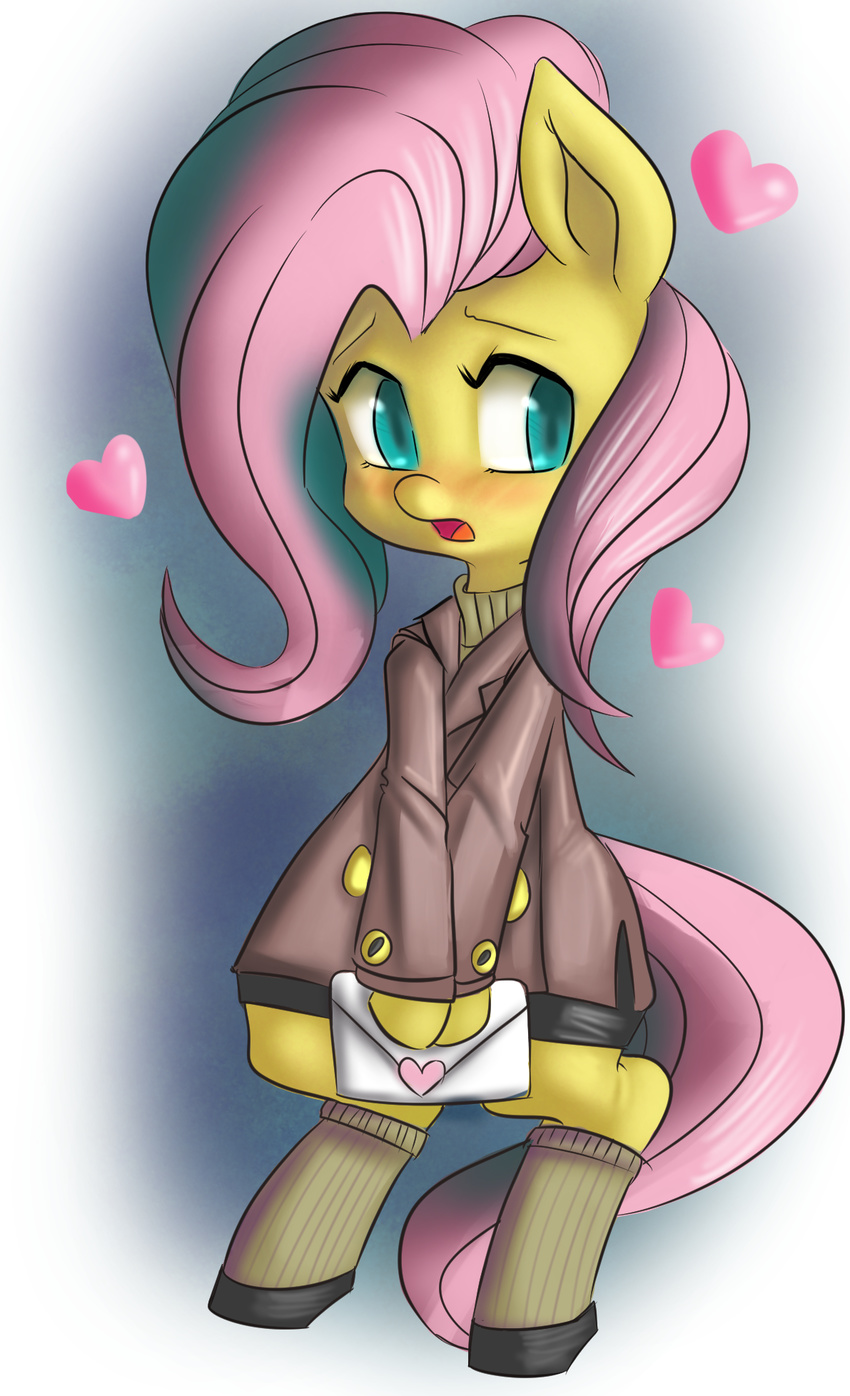 blue_eyes blush clothed clothing coat equine fauxsquared female feral fluttershy_(mlp) friendship_is_magic fur hair horse letter long_hair mammal my_little_pony open_mouth pegasus pink_hair pony shirt shoes skirt socks solo wings yellow_fur