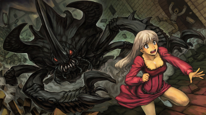 beetle brick chasing destruction dragon's_crown dragon's_crown dress fangs female hair house human insect mammal monster open_mouth rubble running scared shoes teeth white_hair