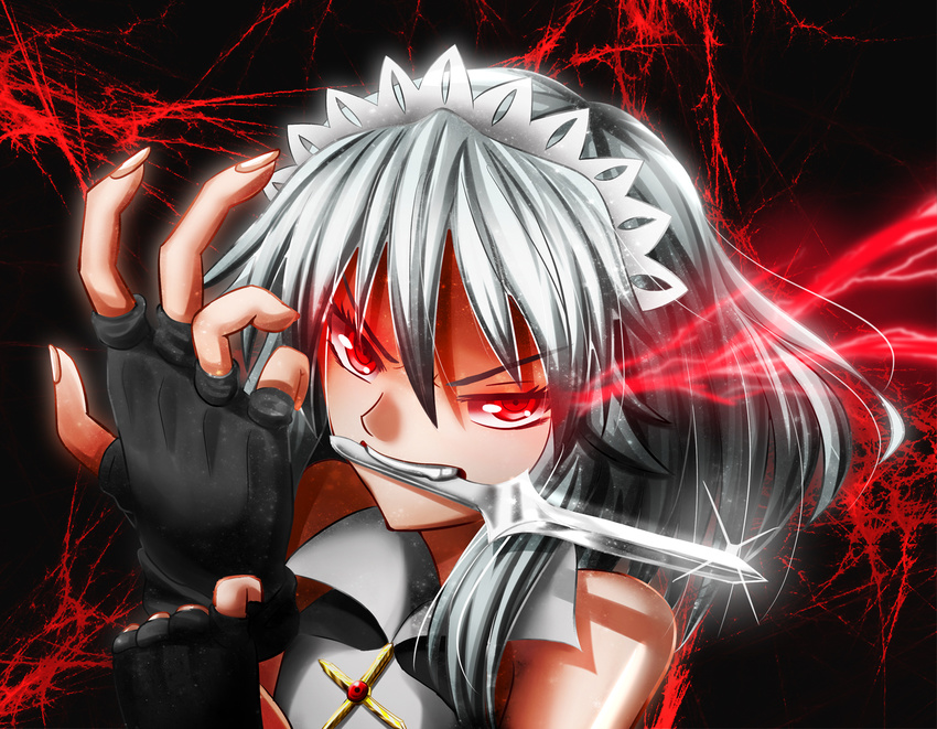 adjusting_clothes adjusting_gloves alternate_costume azumajin biting black_background cross fingerless_gloves gloves glowing glowing_eye izayoi_sakuya knife looking_at_viewer maid maid_headdress red_eyes shirt short_hair silver_hair sleeveless sleeveless_shirt solo teeth touhou