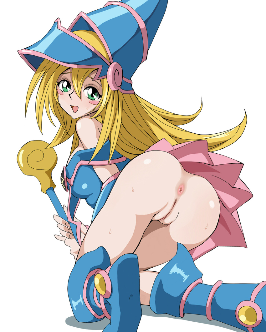 1girl anus ass bare_shoulders blonde_hair boots breasts dark_magician_girl duel_monster green_eyes hat highres kneeling long_hair looking_at_viewer naughty_face no_panties open_mouth pussy rayphenos sideboob smile staff sweat uncensored upskirt yu-gi-oh! yuu-gi-ou_duel_monsters