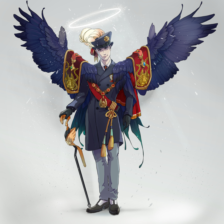 angel black_wings cane feathered_wings halo hat highres long_coat male_focus military military_uniform nokuran original solo uniform wings