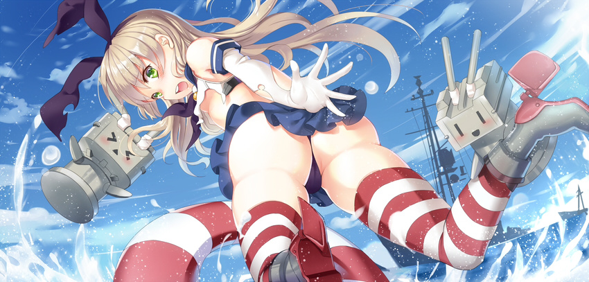 &gt;_&lt; :d ass blonde_hair blush breasts closed_eyes crop_top crop_top_overhang elbow_gloves from_behind gloves green_eyes hair_ribbon highres innertube kantai_collection long_hair looking_back machinery midriff open_mouth panties philomelalilium rensouhou-chan ribbon shimakaze_(kantai_collection) skindentation small_breasts smile solo splashing striped striped_legwear thighhighs torn_clothes turret underboob underwear water