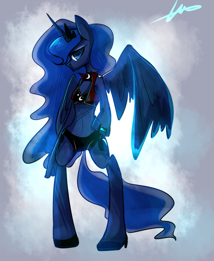 bikini blue_eyes blue_fur blue_hair clothed clothing coffeelsb crown cutie_mark equine female friendship_is_magic fur hair high_heels horn horse long_hair looking_at_viewer mammal my_little_pony pony princess_luna_(mlp) skimpy solo swimsuit winged_unicorn wings