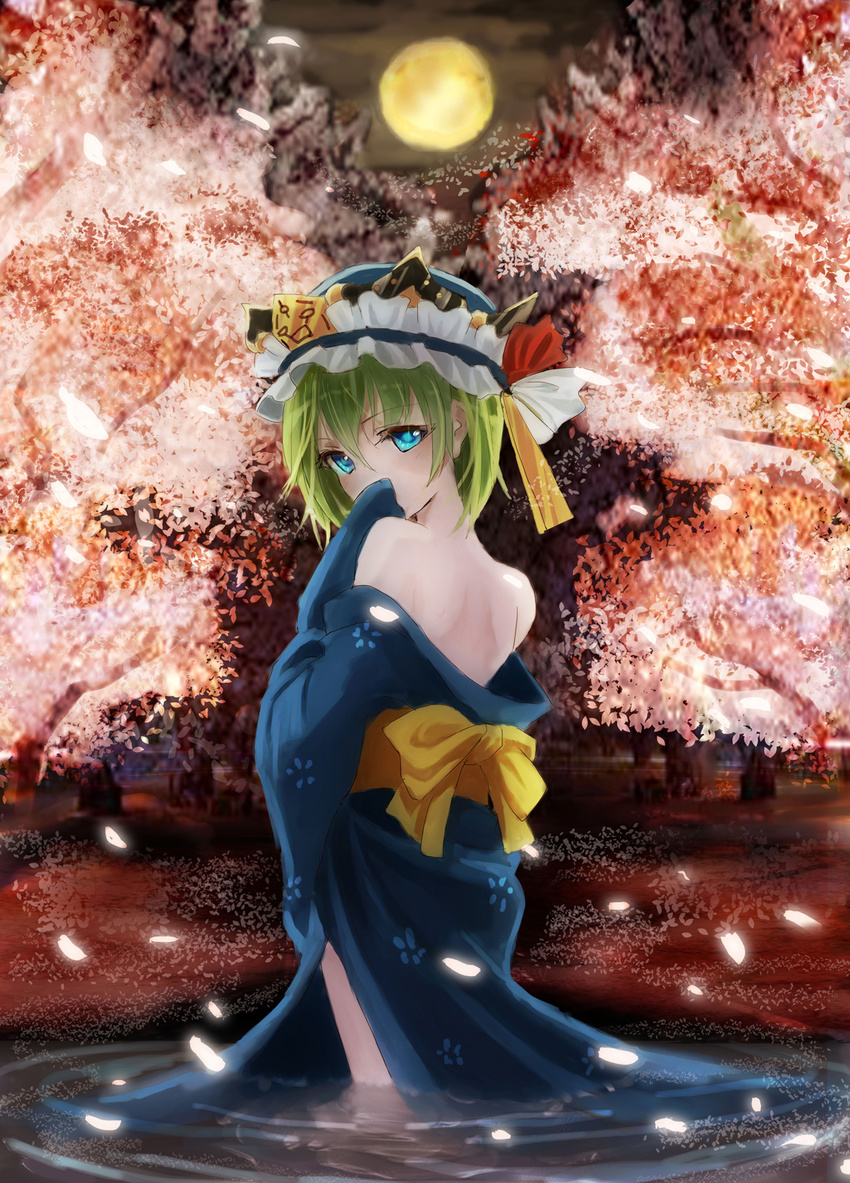 aqua_eyes bare_shoulders cherry_blossoms from_behind green_hair hat highres japanese_clothes kimono looking_back shiki_eiki short_hair solo touhou undressing urabe_michiru wading water