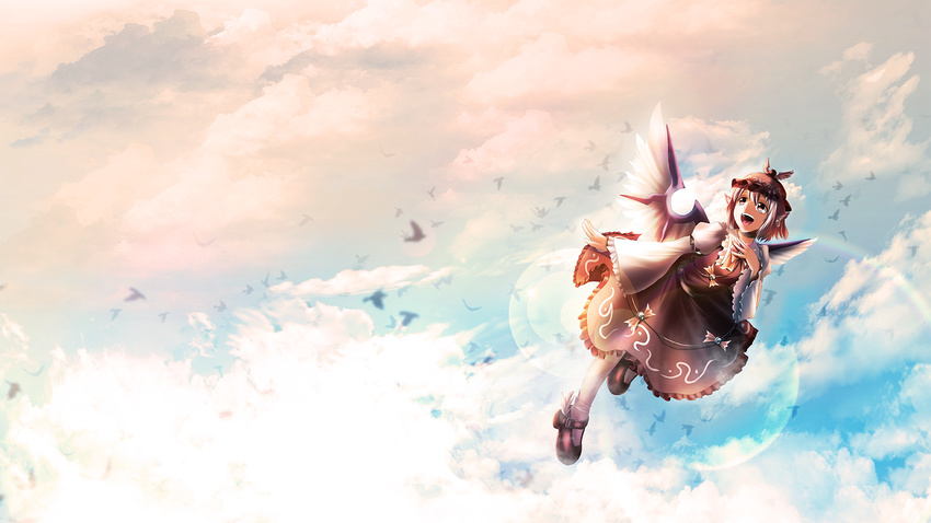 :d animal_ears bird brown_dress cloud cloudy_sky dress flying full_body hand_on_own_chest happy haryudanto hat highres looking_up mary_janes music mystia_lorelei open_mouth rainbow shoes short_hair singing sky smile sunlight touhou wallpaper white_legwear wide_sleeves winged_shoes wings