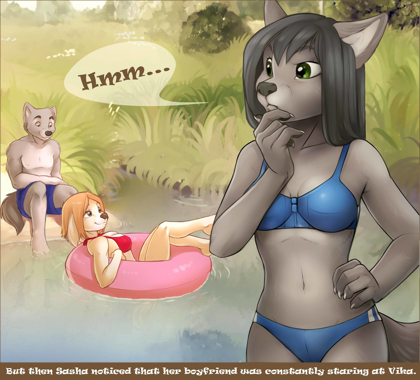 bikini black_hair black_nose blonde_hair breasts brown_eyes canine cleavage clothed clothing dog female floating fur grass green_eyes grey_fur group hair hi_res hindpaw iskra long_hair male mammal navel outside paws sitting smile standing swimsuit thighs tree water wold wolf yellow_fur