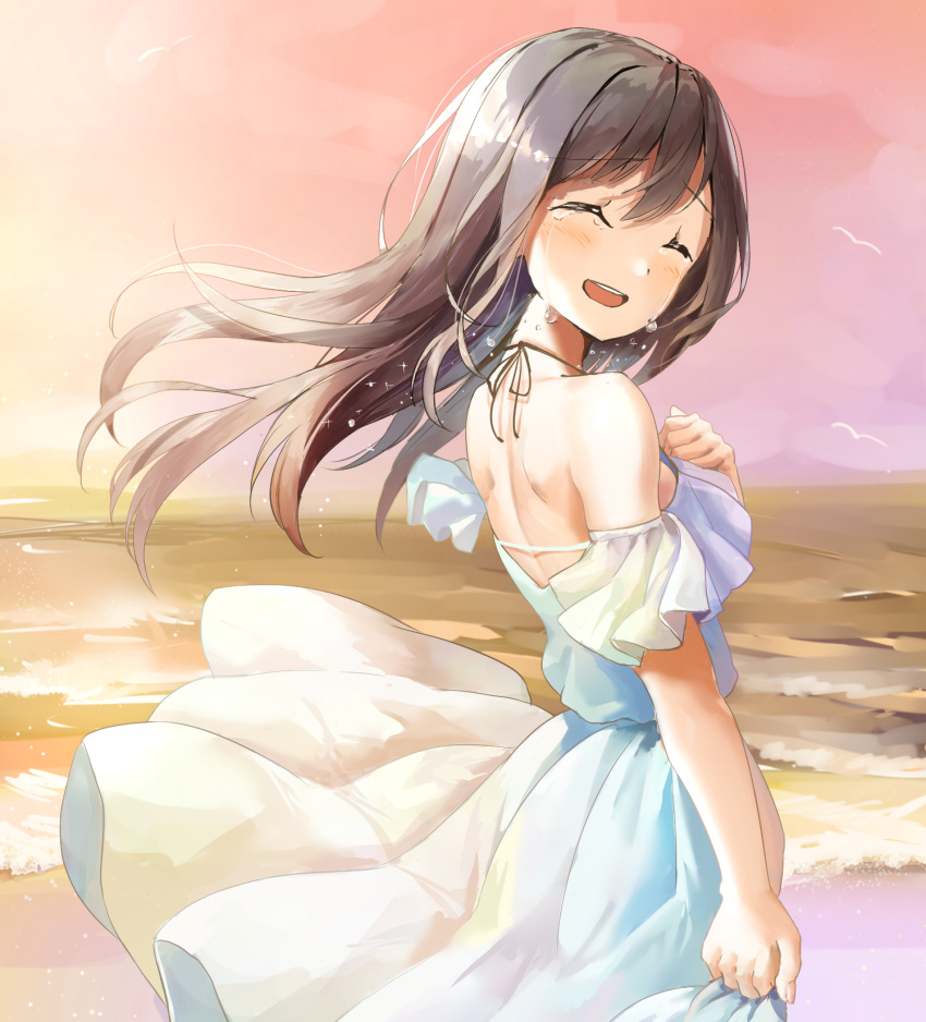 1girl :d ^_^ arm_at_side bangs bare_shoulders bird blush brown_hair closed_eyes cowboy_shot crying day dress eyebrows_visible_through_hair eyes_closed facing_viewer floating_hair halterneck hand_on_own_chest highres long_hair ocean off-shoulder_dress off_shoulder open_mouth original outdoors pink_sky round_teeth shi-ro short_sleeves shoulder_blades skirt_hold smile solo sparkle tears teeth upper_teeth water white_dress wind