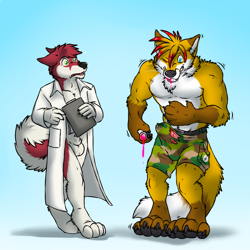 anthro balls canine clothed clothing duo erection fox foxlightning gauge half-dressed labcoat malamute male mammal partially_clothed paws penis potion science sheath standing topless transformation
